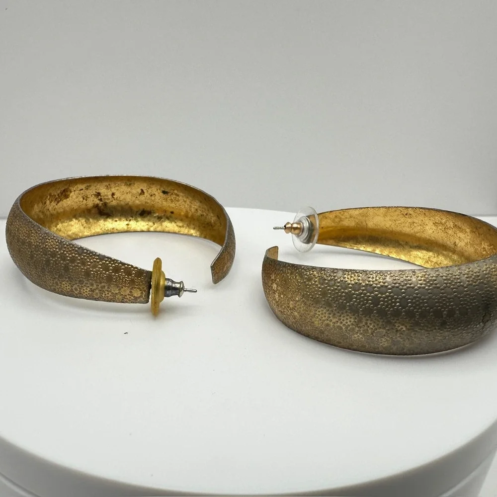 Vintage 80s Gold‎ Tone Textured Hoop Earrings Statement Boho Women's Jewelry Y2K